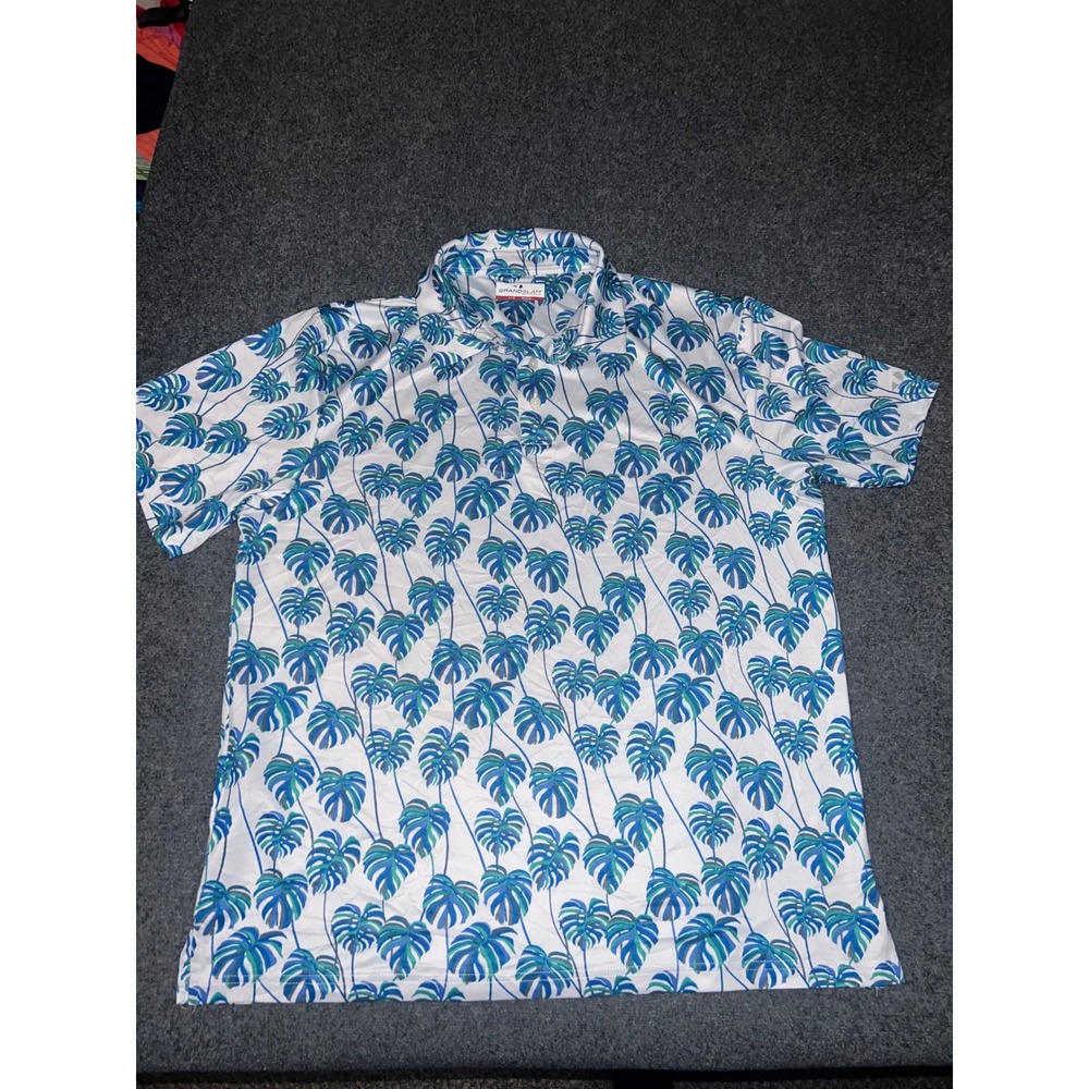 Grand Slam Performance Mens Large Tropical Monstera Leaf Polo Shirt White Blue